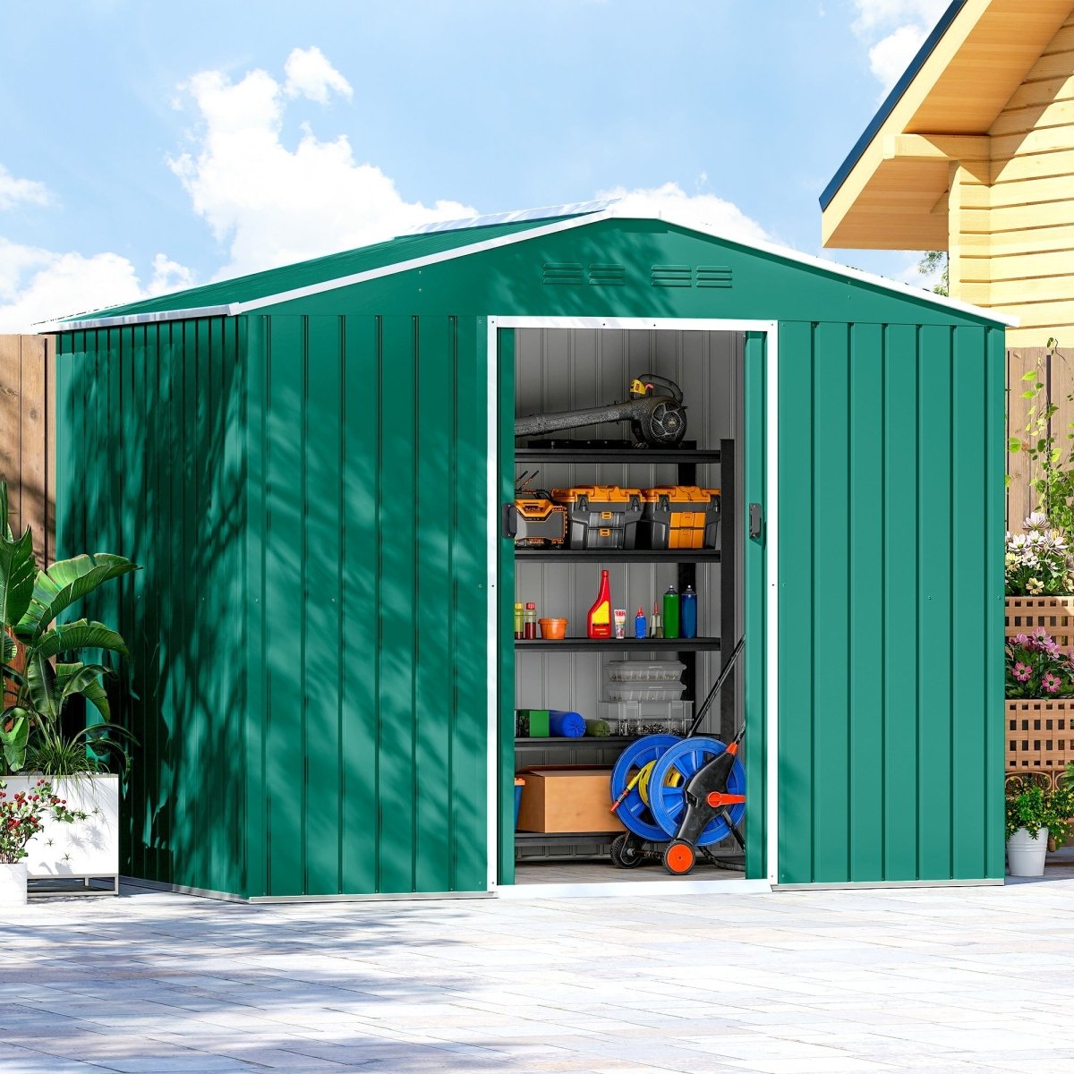 Outsunny 8 x 6ft Galvanised Steel Shed, with Double Door - Green - Dandys Landscape Supplies
