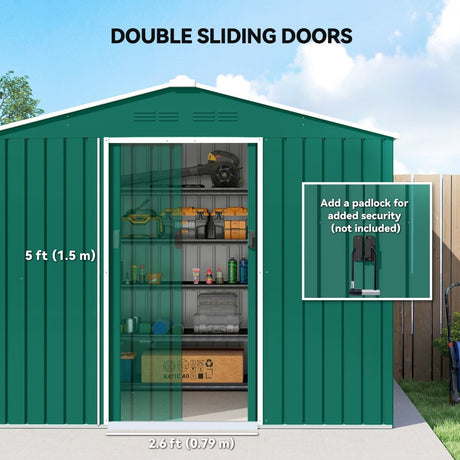 Outsunny 8 x 6ft Galvanised Steel Shed, with Double Door - Green - Dandys Landscape Supplies