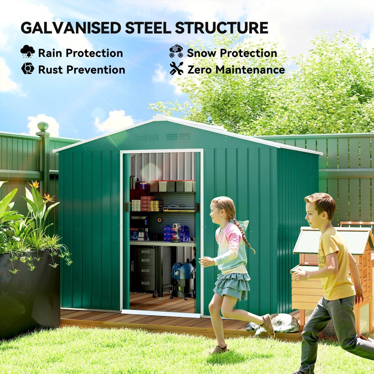 Outsunny 8 x 6ft Galvanised Steel Shed, with Double Door - Green - Dandys Landscape Supplies