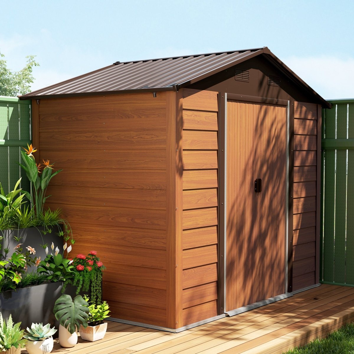 Outsunny 8 x 6ft Garden Storage Shed with Sliding Door - Brown Wood Effect - Dandys Landscape Supplies