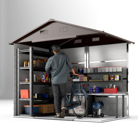Outsunny 8 x 6ft Garden Storage Shed with Sliding Door - Brown Wood Effect - Dandys Landscape Supplies