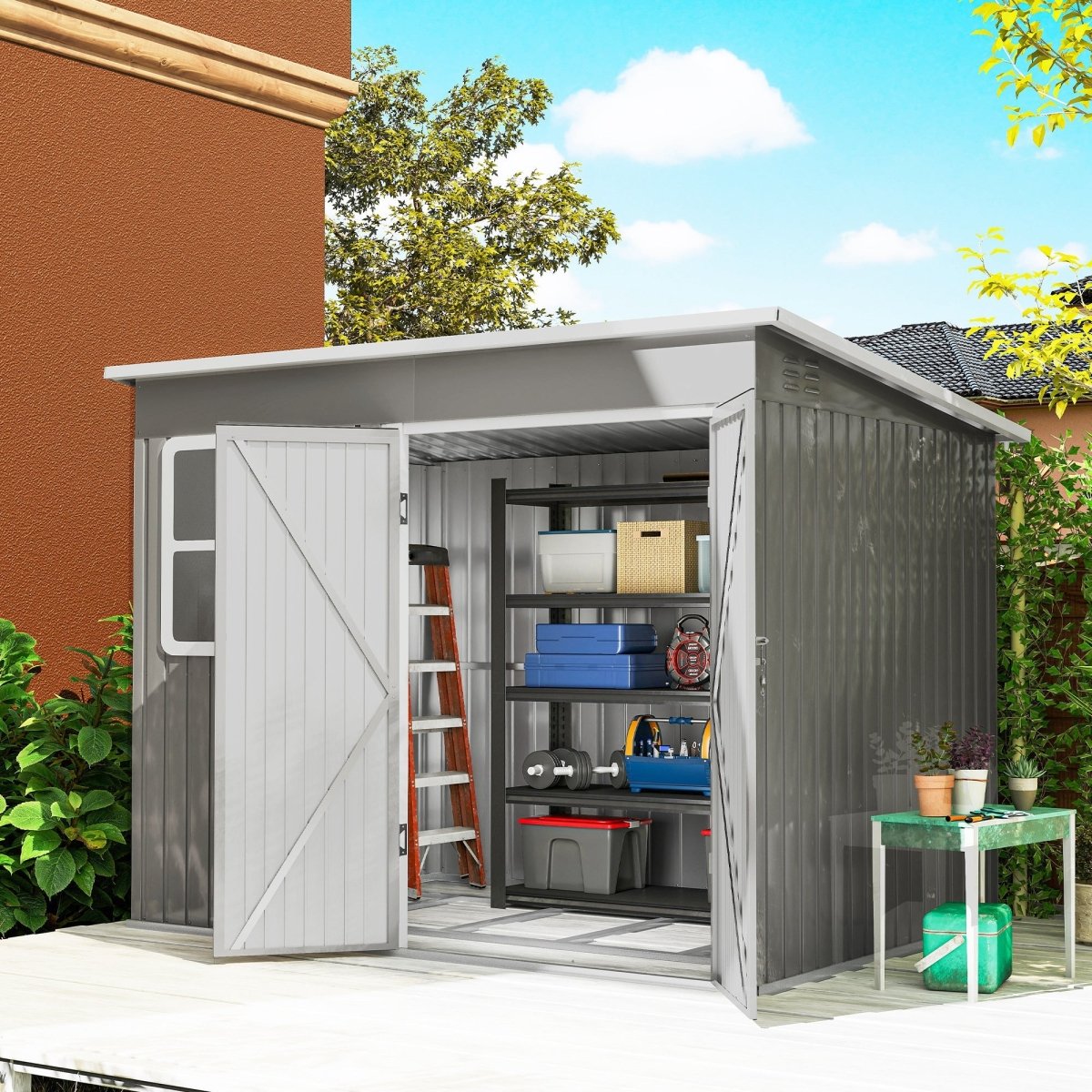 Outsunny 8.5 x 6ft Storage Shed Galvanised Steel Garden Shed, Metal Shed with Foundation Kit, Window, Lockable Wide Doors and Air Vents for Outdoor Patio, Light Grey - Dandys Landscape Supplies