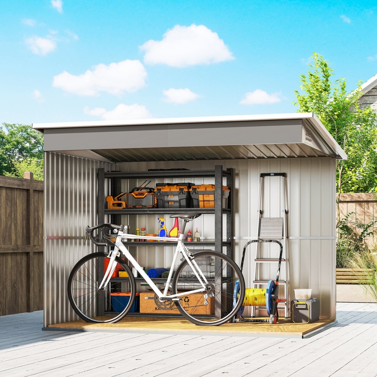 Outsunny 8.5 x 6ft Storage Shed Galvanised Steel Garden Shed, Metal Shed with Foundation Kit, Window, Lockable Wide Doors and Air Vents for Outdoor Patio, Light Grey - Dandys Landscape Supplies