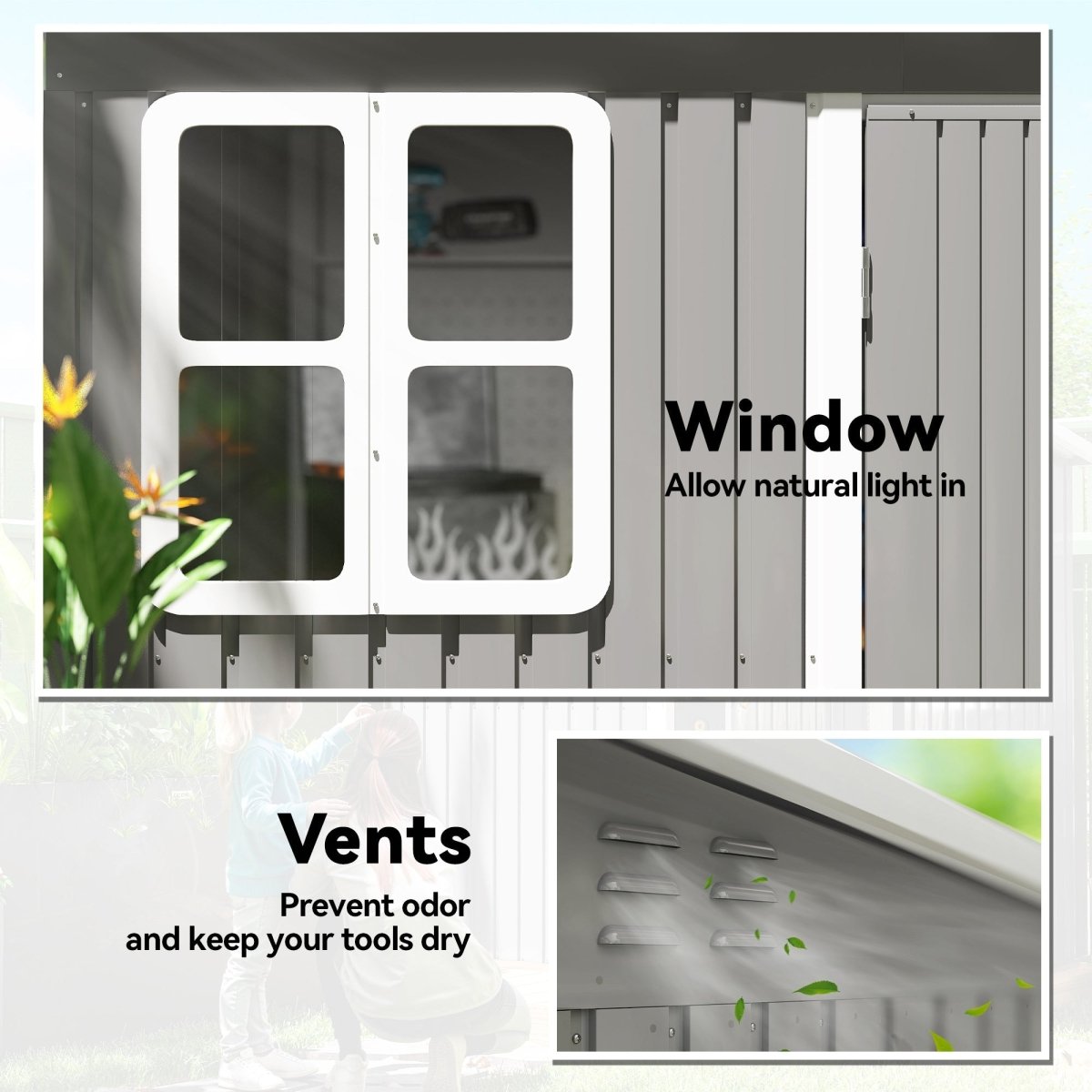 Outsunny 8.5 x 6ft Storage Shed Galvanised Steel Garden Shed, Metal Shed with Foundation Kit, Window, Lockable Wide Doors and Air Vents for Outdoor Patio, Light Grey - Dandys Landscape Supplies