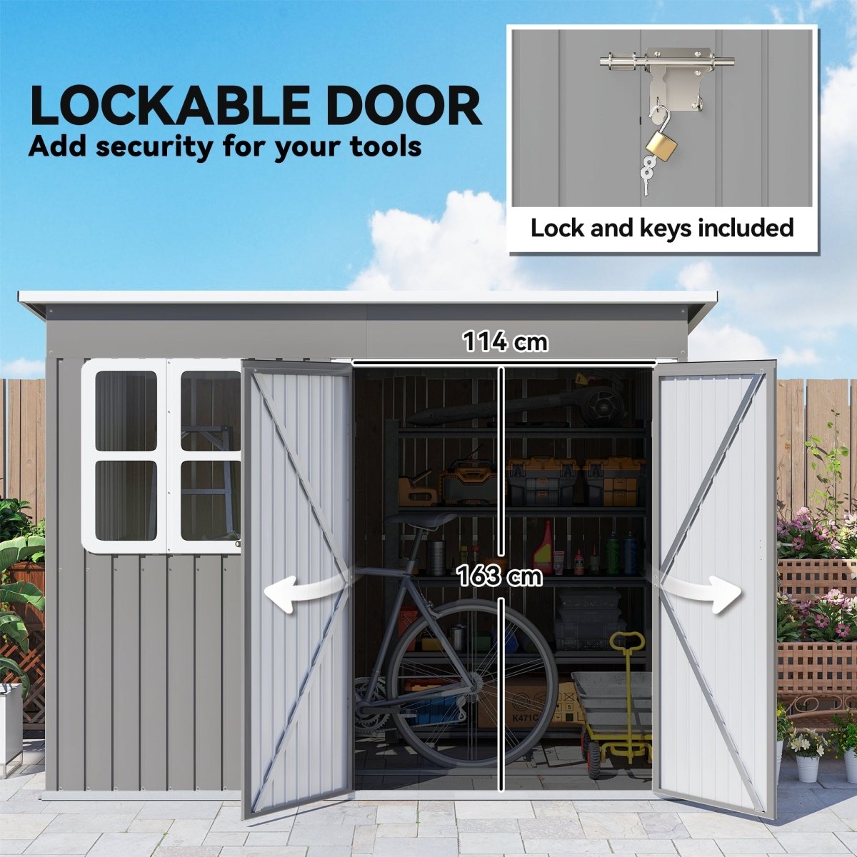 Outsunny 8.5 x 6ft Storage Shed Galvanised Steel Garden Shed, Metal Shed with Foundation Kit, Window, Lockable Wide Doors and Air Vents for Outdoor Patio, Light Grey - Dandys Landscape Supplies