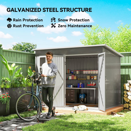 Outsunny 8.5 x 6ft Storage Shed Galvanised Steel Garden Shed, Metal Shed with Foundation Kit, Window, Lockable Wide Doors and Air Vents for Outdoor Patio, Light Grey - Dandys Landscape Supplies