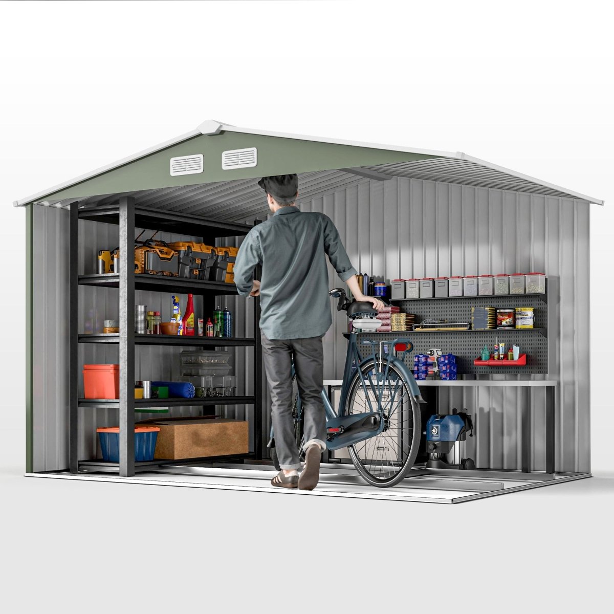 Outsunny 9 x 6ft Metal Garden Shed, Outdoor Storage Tool House with Ventilation Slots, Foundation Kit and Lockable Double Doors, Light Green - Dandys Landscape Supplies