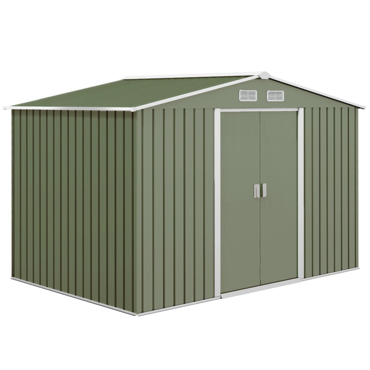 Outsunny 9 x 6ft Metal Garden Shed, Outdoor Storage Tool House with Ventilation Slots, Foundation Kit and Lockable Double Doors, Light Green - Dandys Landscape Supplies