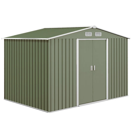 Outsunny 9 x 6ft Metal Garden Shed, Outdoor Storage Tool House with Ventilation Slots, Foundation Kit and Lockable Double Doors, Light Green - Dandys Landscape Supplies