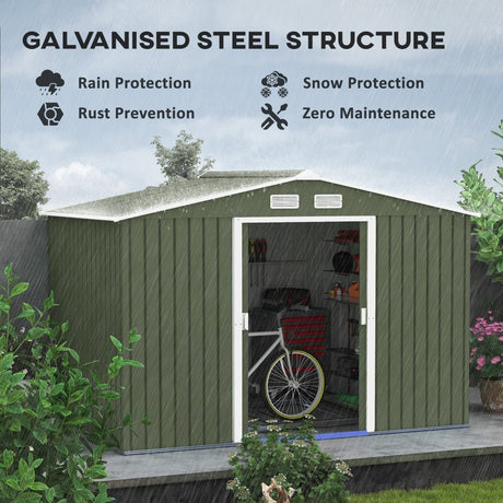 Outsunny 9 x 6ft Metal Garden Shed, Outdoor Storage Tool House with Ventilation Slots, Foundation Kit and Lockable Double Doors, Light Green - Dandys Landscape Supplies