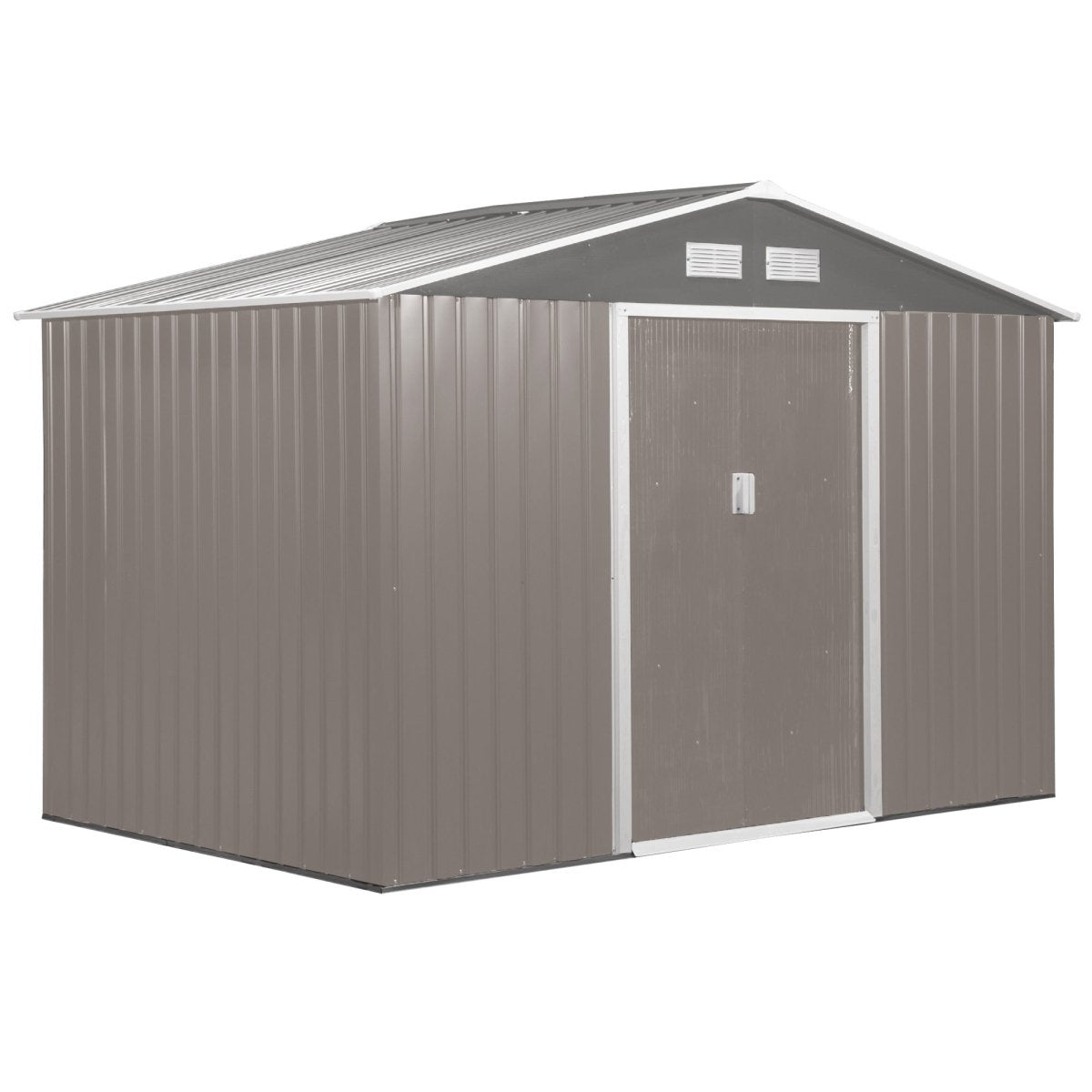 Outsunny 9 x 6FT Outdoor Garden Roofed Metal Storage Shed Tool Box with Foundation Ventilation & Doors Light, Grey - Dandys Landscape Supplies