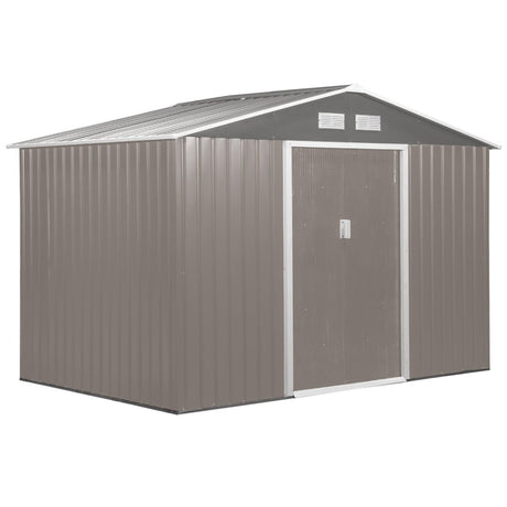 Outsunny 9 x 6FT Outdoor Garden Roofed Metal Storage Shed Tool Box with Foundation Ventilation & Doors Light, Grey - Dandys Landscape Supplies