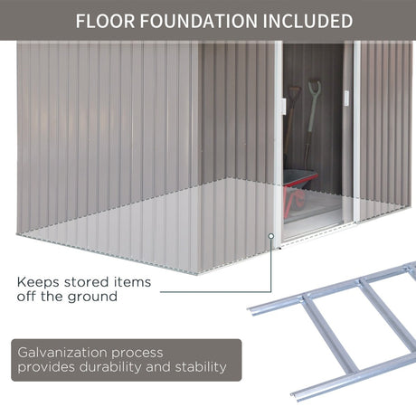 Outsunny 9 x 6FT Outdoor Garden Roofed Metal Storage Shed Tool Box with Foundation Ventilation & Doors Light, Grey - Dandys Landscape Supplies
