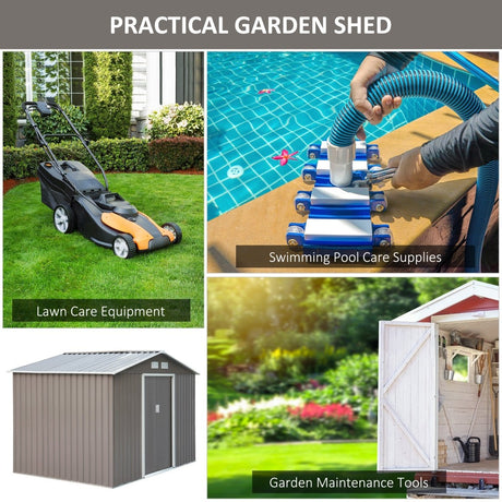 Outsunny 9 x 6FT Outdoor Garden Roofed Metal Storage Shed Tool Box with Foundation Ventilation & Doors Light, Grey - Dandys Landscape Supplies