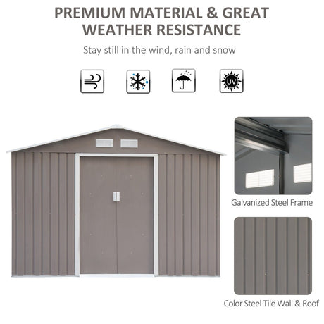 Outsunny 9 x 6FT Outdoor Garden Roofed Metal Storage Shed Tool Box with Foundation Ventilation & Doors Light, Grey - Dandys Landscape Supplies