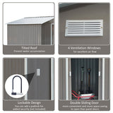 Outsunny 9 x 6FT Outdoor Garden Roofed Metal Storage Shed Tool Box with Foundation Ventilation & Doors Light, Grey - Dandys Landscape Supplies