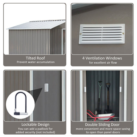 Outsunny 9 x 6FT Outdoor Garden Roofed Metal Storage Shed Tool Box with Foundation Ventilation & Doors Light, Grey - Dandys Landscape Supplies