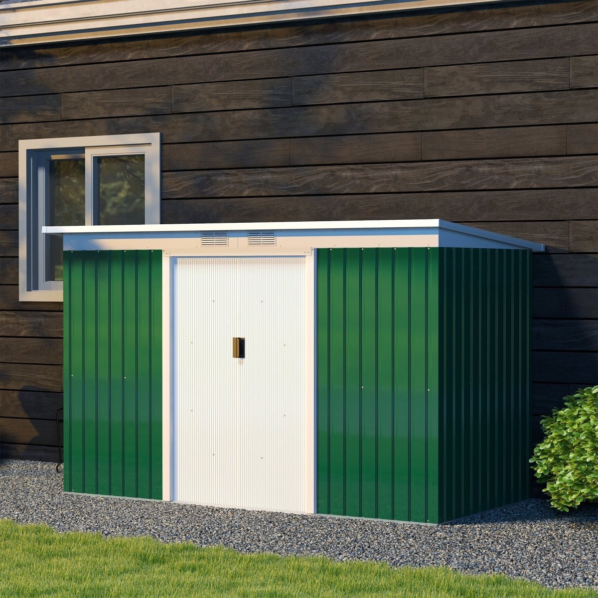 Outsunny 9ft x 4ft Metal Garden Shed, Outdoor Tool House with Foundation Kit, Ventilations and Double Doors, Deep Green - Dandys Landscape Supplies