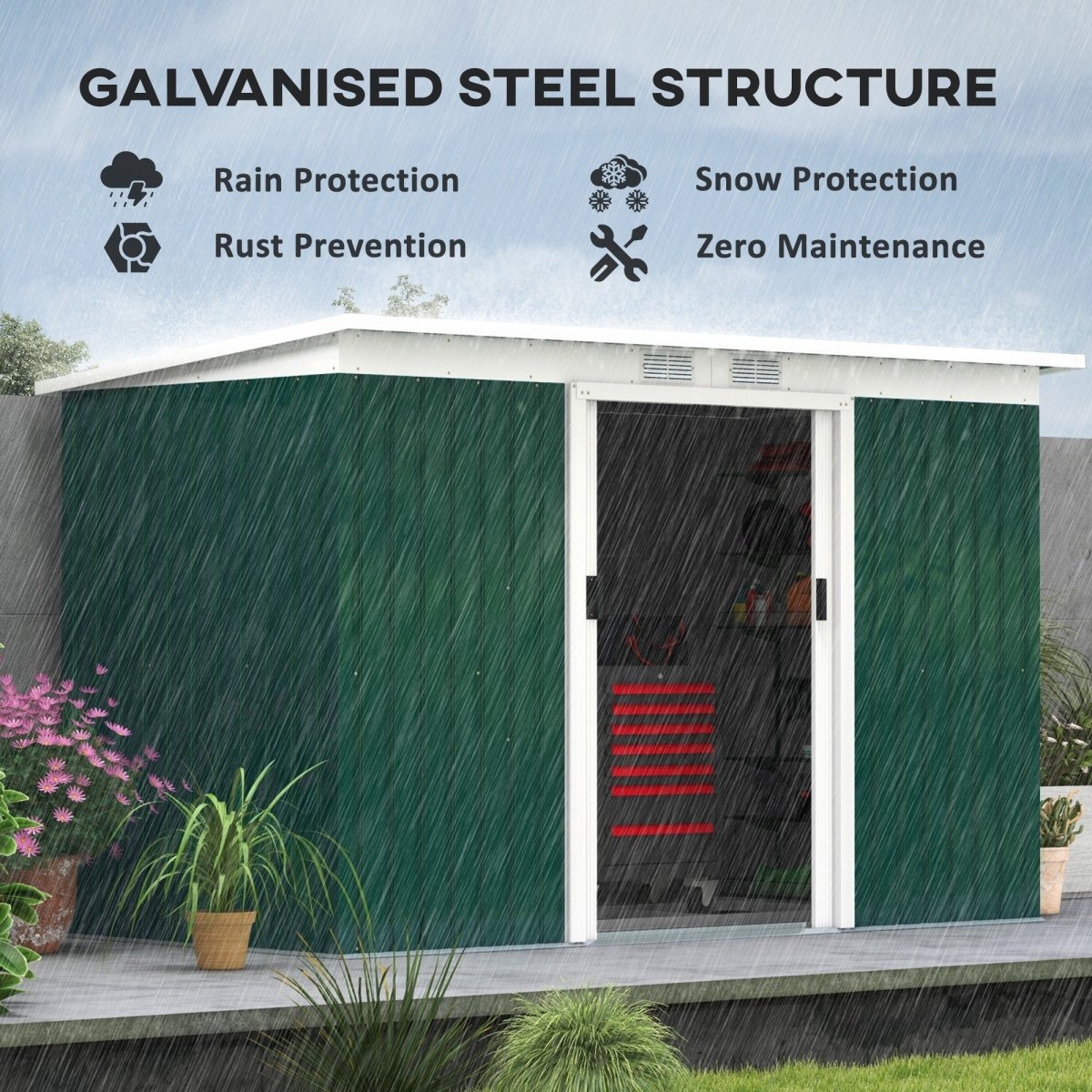 Outsunny 9ft x 4ft Metal Garden Shed, Outdoor Tool House with Foundation Kit, Ventilations and Double Doors, Deep Green - Dandys Landscape Supplies