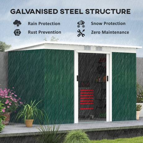 Outsunny 9ft x 4ft Metal Garden Shed, Outdoor Tool House with Foundation Kit, Ventilations and Double Doors, Deep Green - Dandys Landscape Supplies