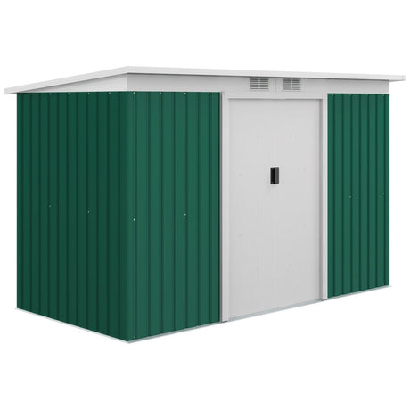 Outsunny 9ft x 4ft Metal Garden Shed, Outdoor Tool House with Foundation Kit, Ventilations and Double Doors, Deep Green - Dandys Landscape Supplies