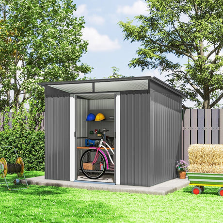 Outsunny 9ft x 6.5ft Garden Storage Shed with Top Window, Metal Outdoor Shed Tool House with Double Doors, Light Grey - Dandys Landscape Supplies