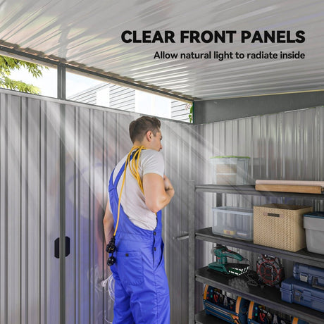 Outsunny 9ft x 6.5ft Garden Storage Shed with Top Window, Metal Outdoor Shed Tool House with Double Doors, Light Grey - Dandys Landscape Supplies
