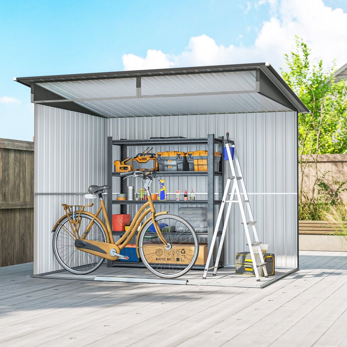 Outsunny 9ft x 6.5ft Garden Storage Shed with Top Window, Metal Outdoor Shed Tool House with Double Doors, Light Grey - Dandys Landscape Supplies