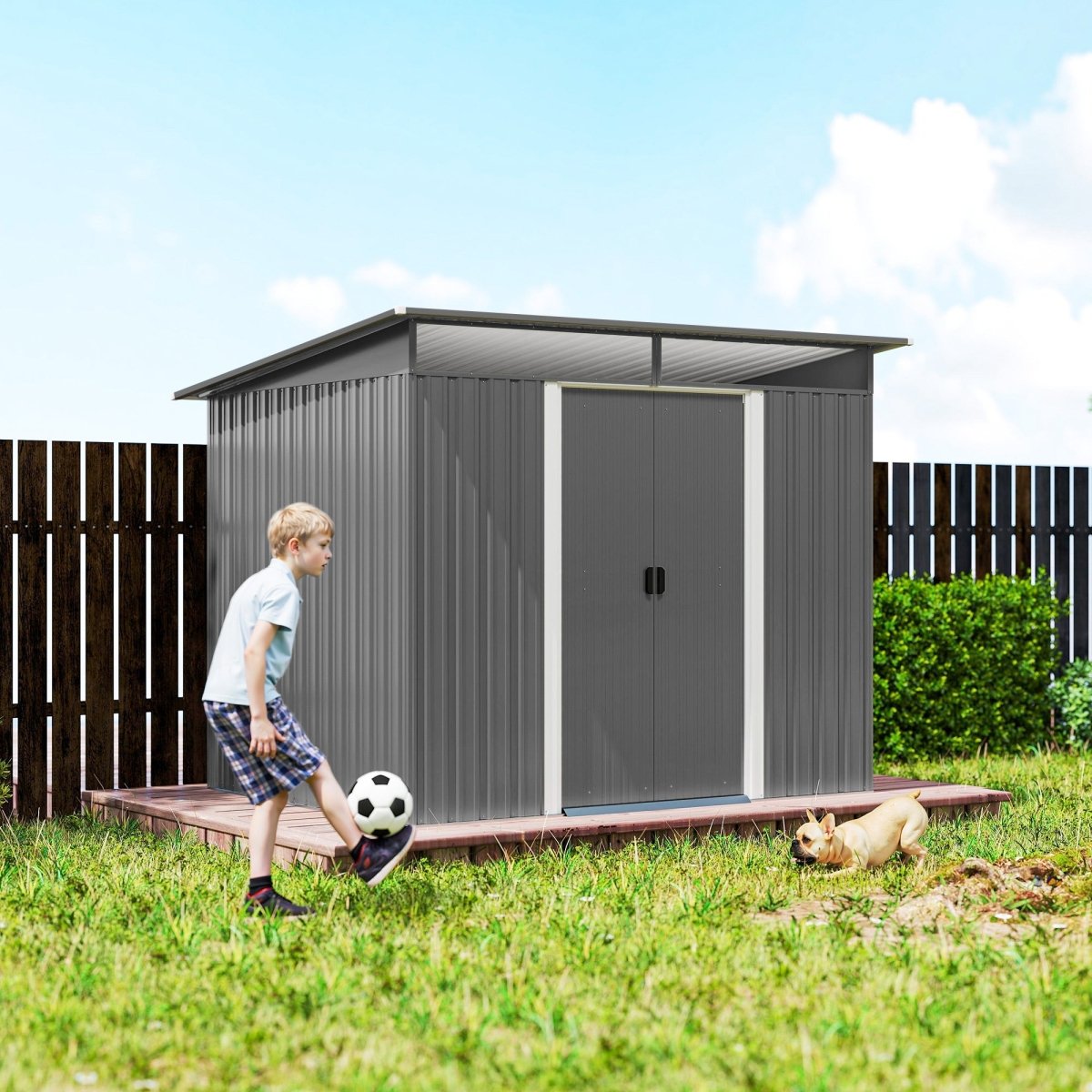 Outsunny 9ft x 6.5ft Garden Storage Shed with Top Window, Metal Outdoor Shed Tool House with Double Doors, Light Grey - Dandys Landscape Supplies