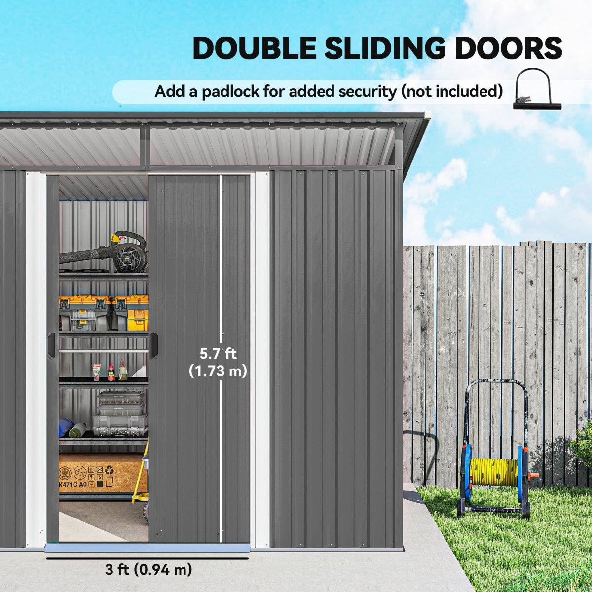 Outsunny 9ft x 6.5ft Garden Storage Shed with Top Window, Metal Outdoor Shed Tool House with Double Doors, Light Grey - Dandys Landscape Supplies