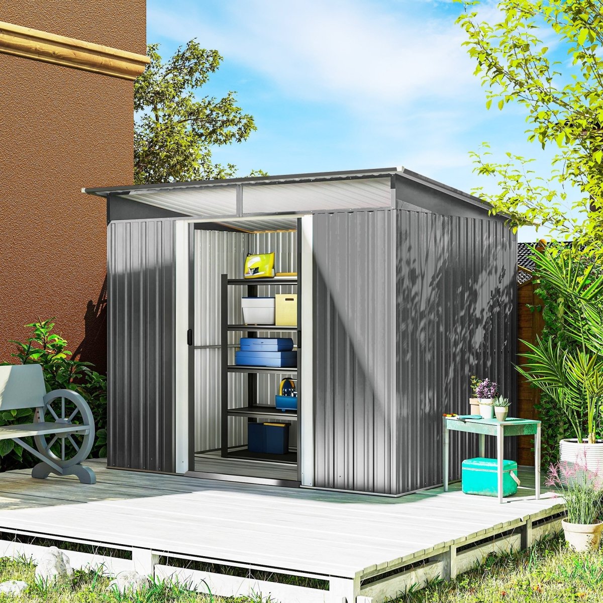 Outsunny 9ft x 6.5ft Garden Storage Shed with Top Window, Metal Outdoor Shed Tool House with Double Doors, Light Grey - Dandys Landscape Supplies