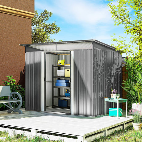 Outsunny 9ft x 6.5ft Garden Storage Shed with Top Window, Metal Outdoor Shed Tool House with Double Doors, Light Grey - Dandys Landscape Supplies