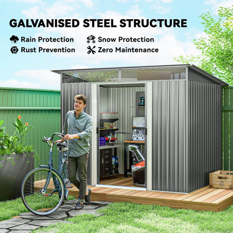 Outsunny 9ft x 6.5ft Garden Storage Shed with Top Window, Metal Outdoor Shed Tool House with Double Doors, Light Grey - Dandys Landscape Supplies
