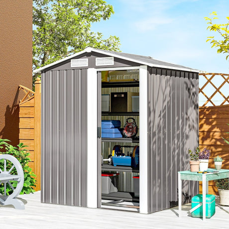 Outsunny Garden Metal Tool Storage Shed with Sliding Door, Sloped Roof and Foundation Kit, 152 x 132 x 188cm, Grey - Dandys Landscape Supplies