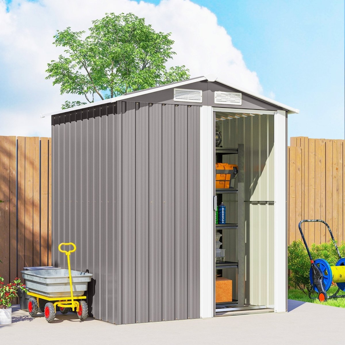 Outsunny Garden Metal Tool Storage Shed with Sliding Door, Sloped Roof and Foundation Kit, 152 x 132 x 188cm, Grey - Dandys Landscape Supplies