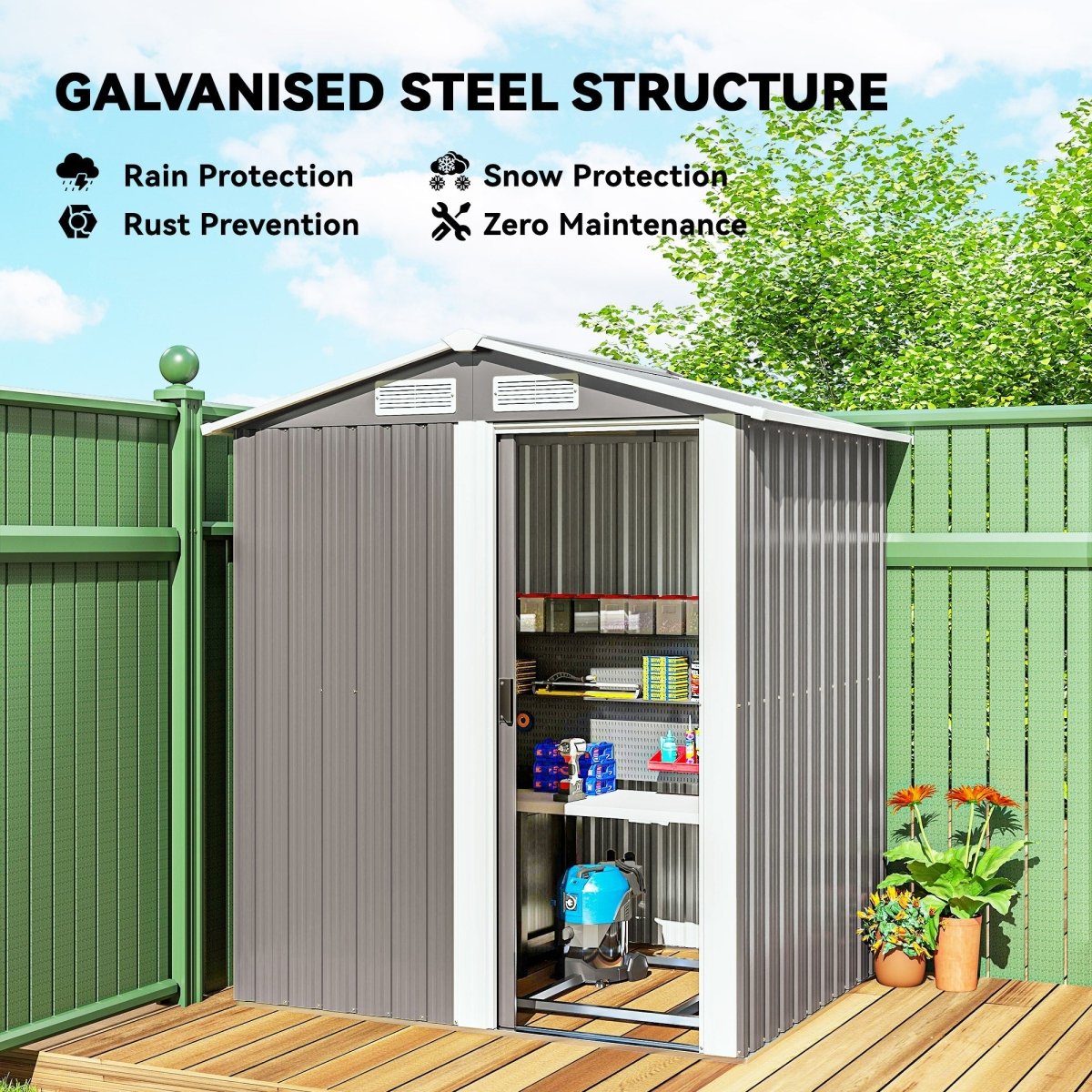 Outsunny Garden Metal Tool Storage Shed with Sliding Door, Sloped Roof and Foundation Kit, 152 x 132 x 188cm, Grey - Dandys Landscape Supplies