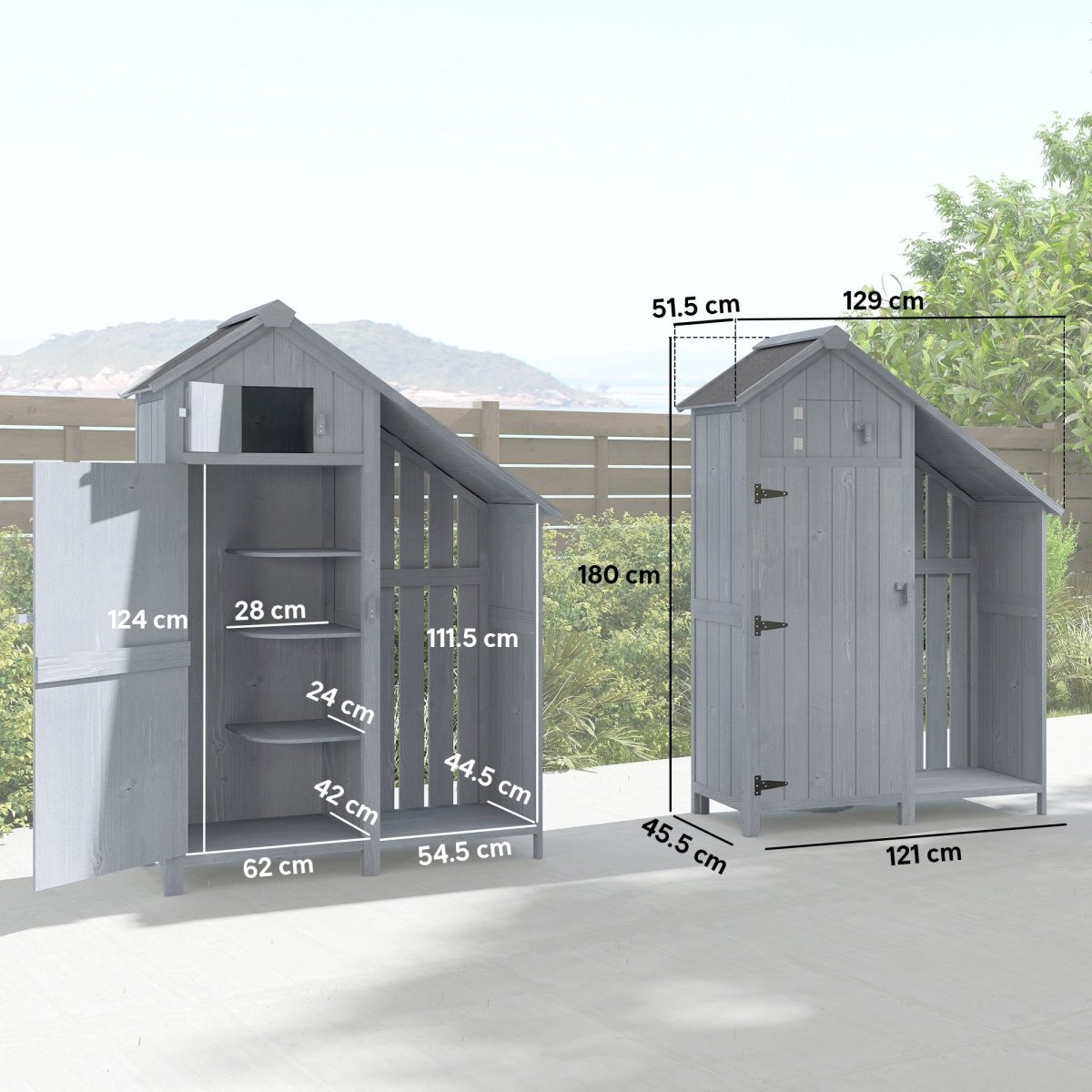 Outsunny Garden Outdoor Storage Shed 3 Shelves Tilt Roof w/ Firewood Rack Log Carrier, 129L x 51.5W x 180H cm - Dandys Landscape Supplies