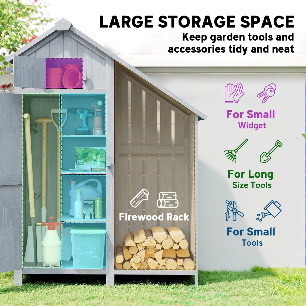 Outsunny Garden Outdoor Storage Shed 3 Shelves Tilt Roof w/ Firewood Rack Log Carrier, 129L x 51.5W x 180H cm - Dandys Landscape Supplies