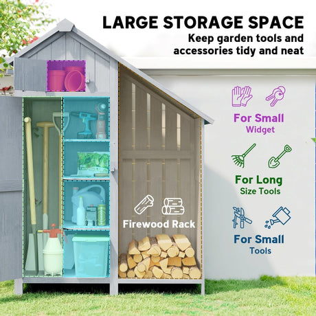 Outsunny Garden Outdoor Storage Shed 3 Shelves Tilt Roof w/ Firewood Rack Log Carrier, 129L x 51.5W x 180H cm - Dandys Landscape Supplies