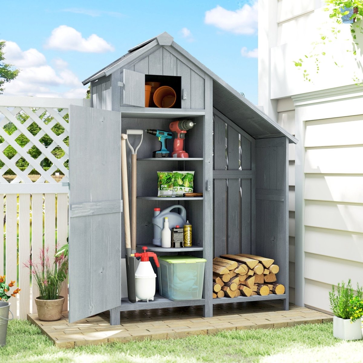 Outsunny Garden Outdoor Storage Shed 3 Shelves Tilt Roof w/ Firewood Rack Log Carrier, 129L x 51.5W x 180H cm - Dandys Landscape Supplies