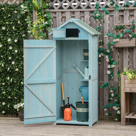 Outsunny Garden Shed Vertical Utility 3 Shelves Shed Wood Outdoor Garden Tool Storage Unit Storage Cabinet, 77 x 54.2 x 179cm - Blue - Dandys Landscape Supplies