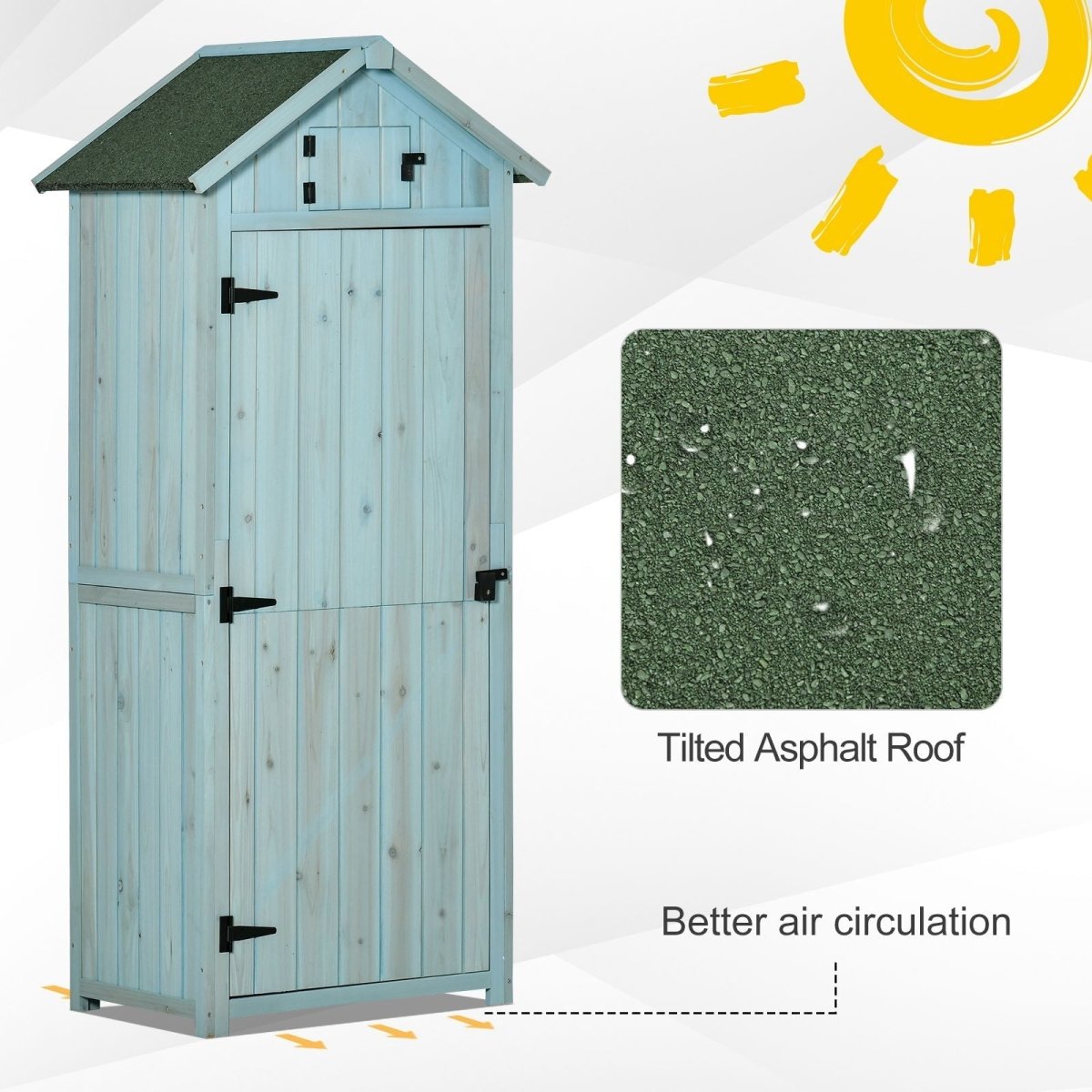 Outsunny Garden Shed Vertical Utility 3 Shelves Shed Wood Outdoor Garden Tool Storage Unit Storage Cabinet, 77 x 54.2 x 179cm - Blue - Dandys Landscape Supplies