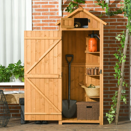 Outsunny Garden Shed Vertical Utility 3 Shelves Shed Wood Outdoor Garden Tool Storage Unit Storage Cabinet, 77 x 54.2 x 179cm - Brown - Dandys Landscape Supplies