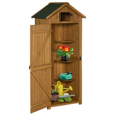 Outsunny Garden Shed Vertical Utility 3 Shelves Shed Wood Outdoor Garden Tool Storage Unit Storage Cabinet, 77 x 54.2 x 179cm - Brown - Dandys Landscape Supplies