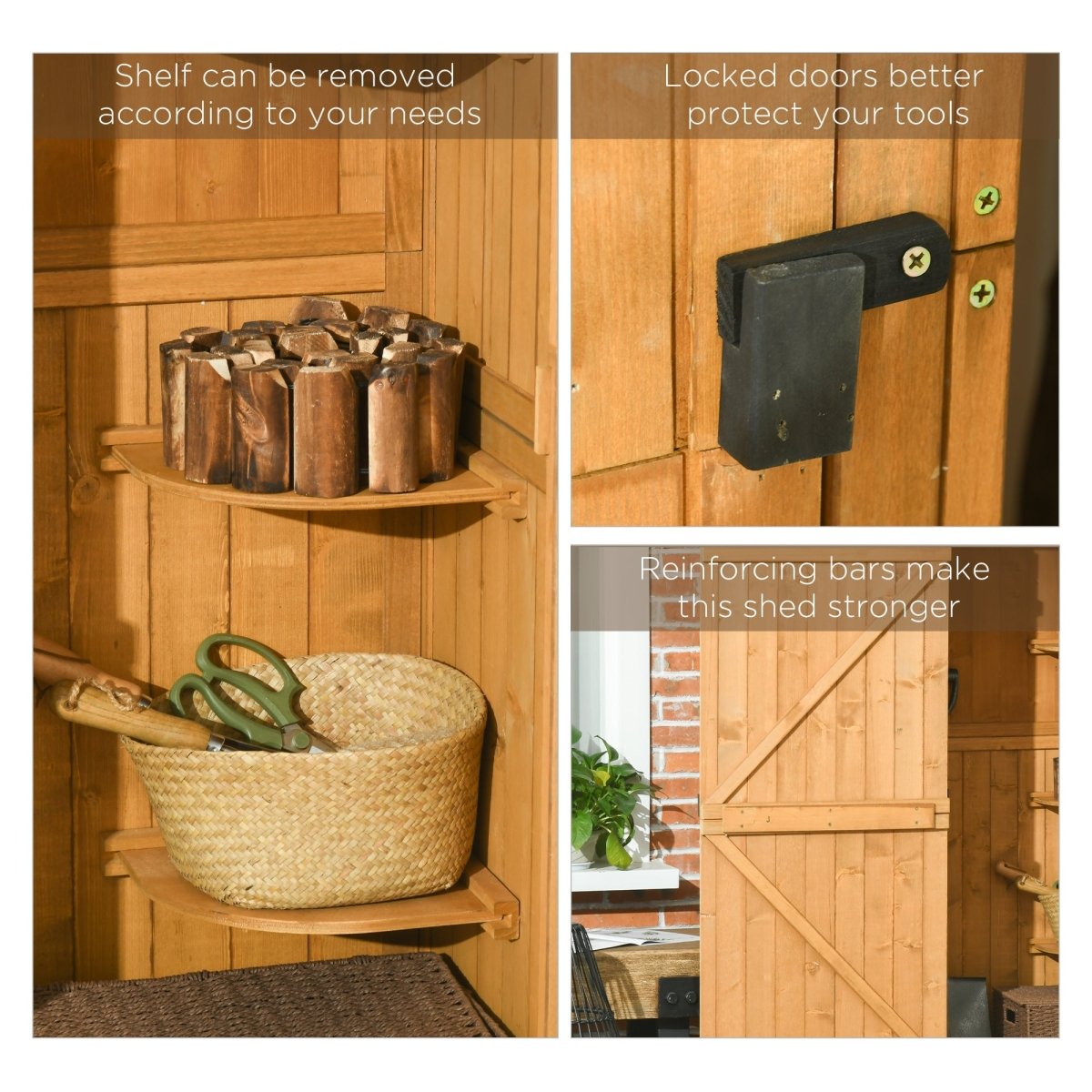 Outsunny Garden Shed Vertical Utility 3 Shelves Shed Wood Outdoor Garden Tool Storage Unit Storage Cabinet, 77 x 54.2 x 179cm - Brown - Dandys Landscape Supplies