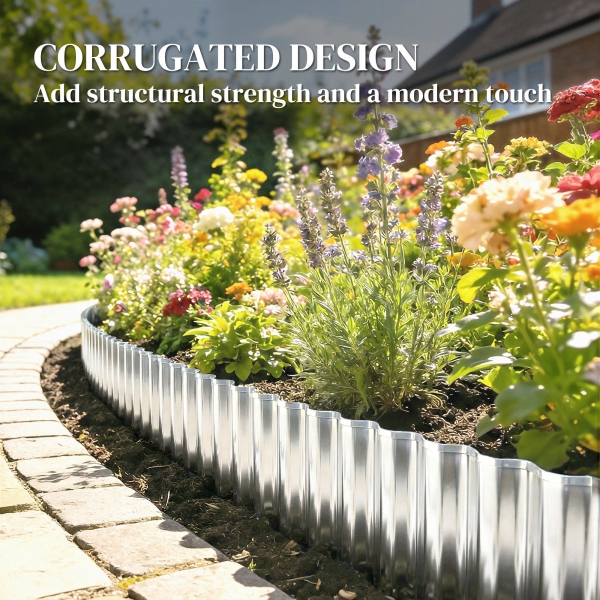 Outsunny Metal Garden Edging Border, 8 in x 21.3 ft Corrugated Heavy Duty Galvanised Steel Lawn Edging, Silver Tone - Dandys Landscape Supplies
