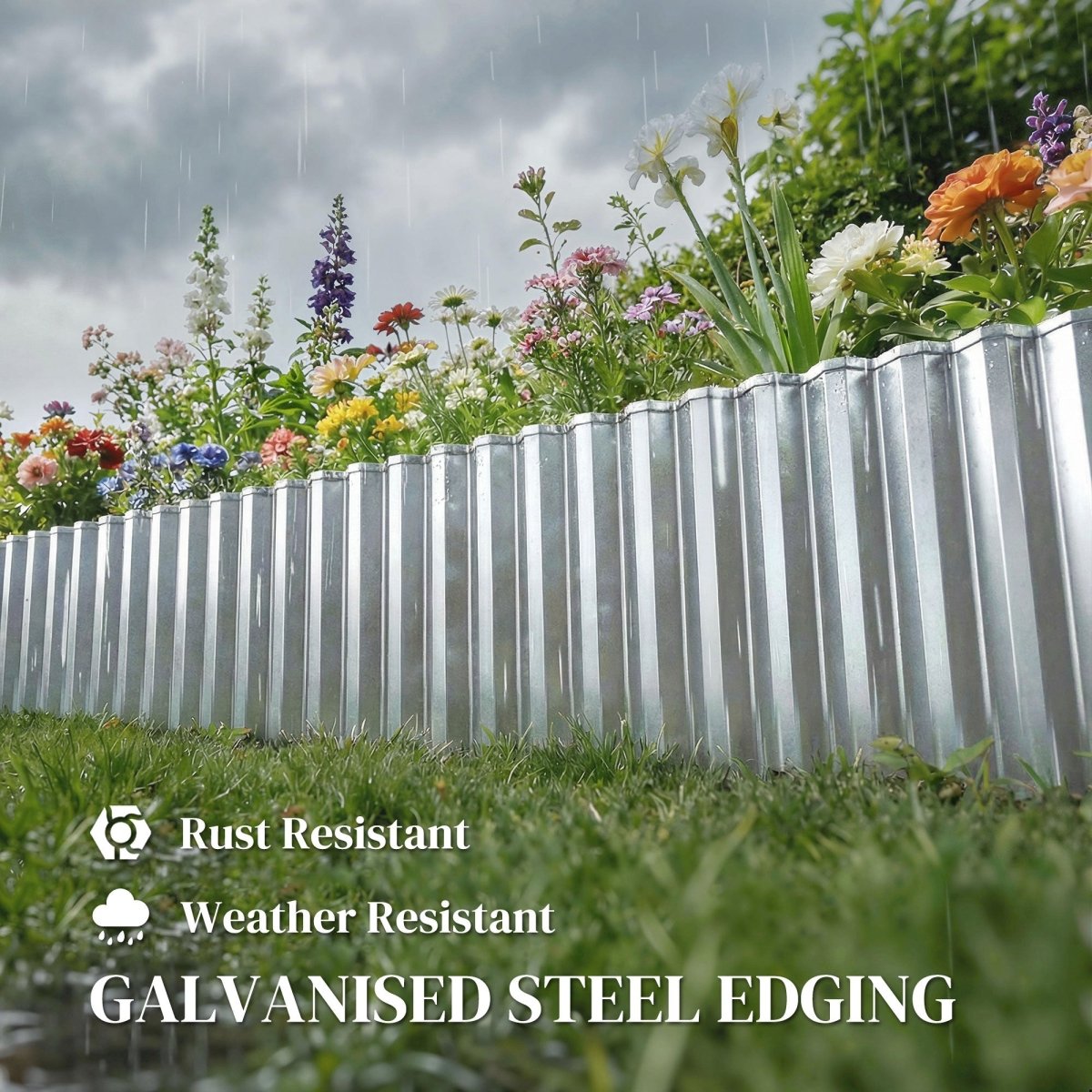 Outsunny Metal Garden Edging Border, 8 in x 21.3 ft Corrugated Heavy Duty Galvanised Steel Lawn Edging, Silver Tone - Dandys Landscape Supplies