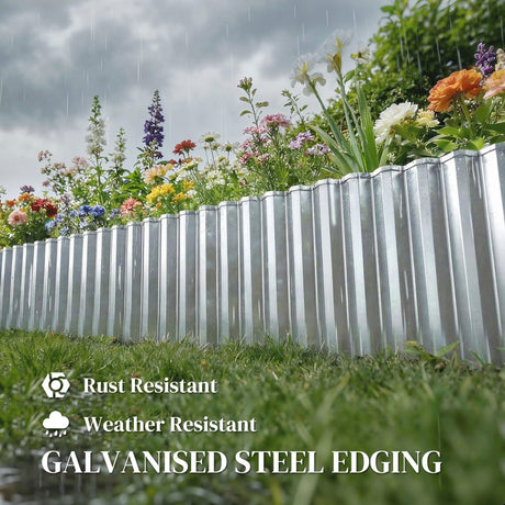Outsunny Metal Garden Edging Border, 8 in x 21.3 ft Corrugated Heavy Duty Galvanised Steel Lawn Edging, Silver Tone - Dandys Landscape Supplies