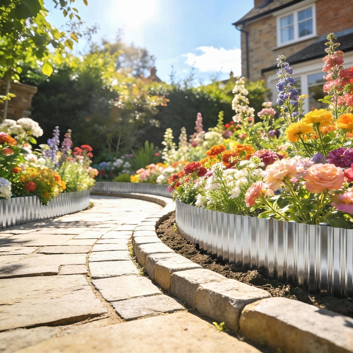 Outsunny Metal Garden Edging Border, 8 in x 21.3 ft Corrugated Heavy Duty Galvanised Steel Lawn Edging, Silver Tone - Dandys Landscape Supplies