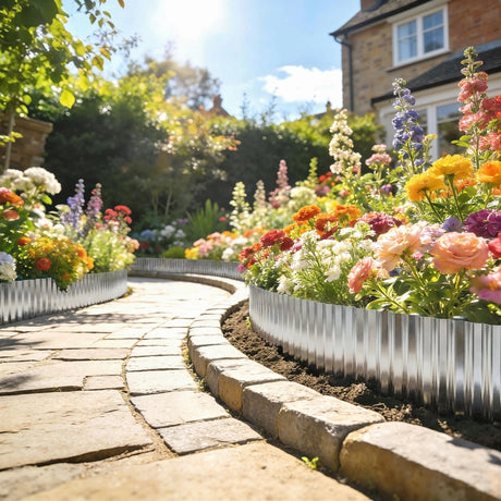 Outsunny Metal Garden Edging Border, 8 in x 21.3 ft Corrugated Heavy Duty Galvanised Steel Lawn Edging, Silver Tone - Dandys Landscape Supplies